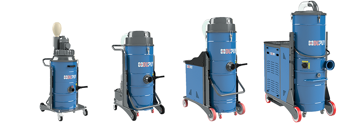 Three-phase industrial vacuum cleaners for solid materials, dusts and liquids