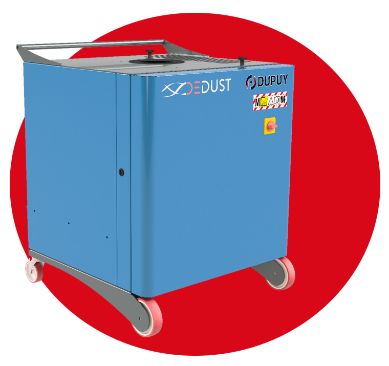 Depolveratore industriale DEDUST 1 di Dupuy, progettato per l'aspirazione efficiente di polveri sottili nell'aria in ambienti industriali