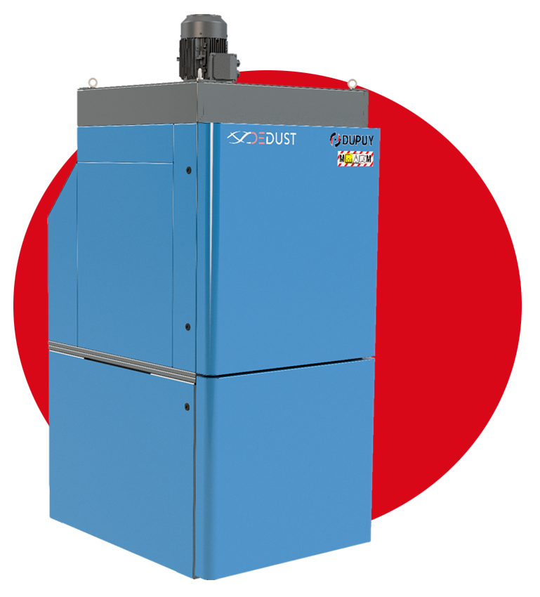 Depolveratore industriale DEDUST 4 di Dupuy, progettato per impianti di aspirazione centralizzata con elettroventilatore da 3 kW, portata fino a 3.800 m³/h e sistema di pulizia automatica dei filtri.