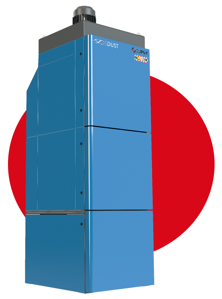 Depolveratore industriale DEDUST 8 di DU-PUY, con elettroventilatore da 5,5 kW, 8 filtri a cartuccia antistatici e sistema di pulizia automatica, ideale per impianti di aspirazione centralizzata in ambienti industriali.